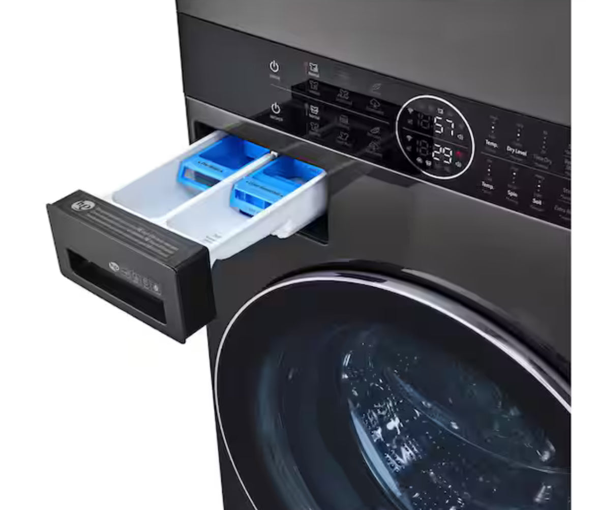 WashTower Stacked SMART Laundry Center 4.5 Cu.Ft. Front Load Washer & 7.4 Cu.Ft. Gas Dryer in Black Steel w/ Steam