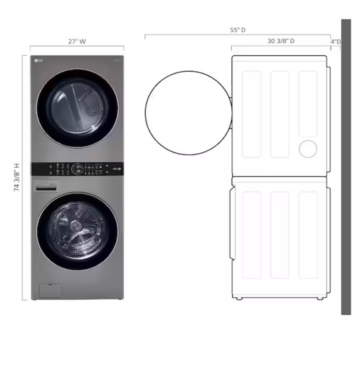 WashTower Stacked SMART Laundry Center 4.5 Cu.Ft. Front Load Washer & 7.4 Cu.Ft. Gas Dryer in Graphite Steel