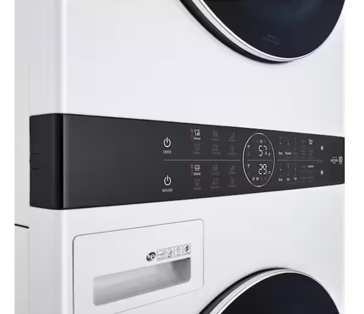 WashTower Stacked SMART Laundry Center 4.5 Cu.Ft. Front Load Washer & 7.4 Cu.Ft. Gas Dryer in White w/ Steam