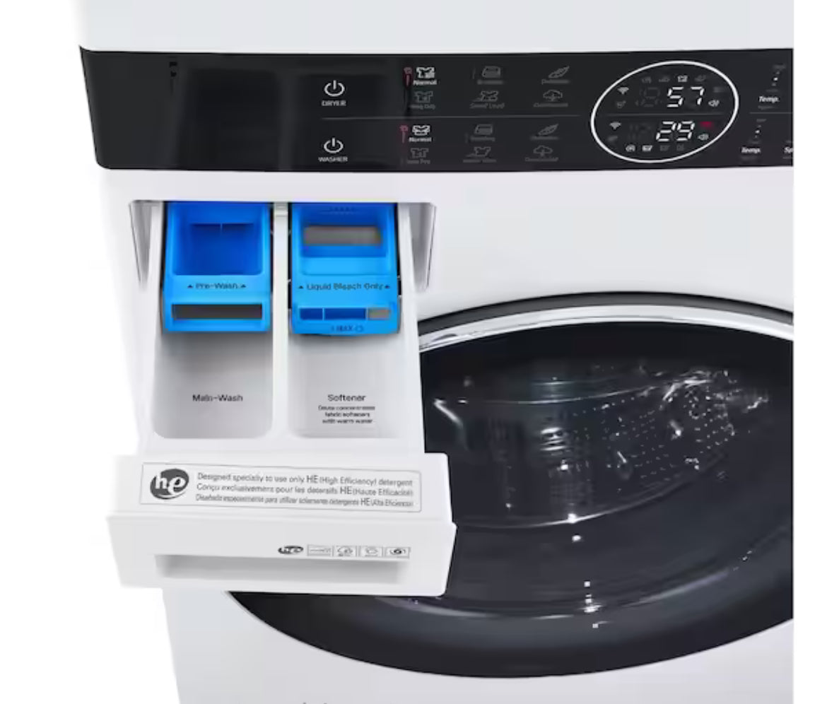 WashTower Stacked SMART Laundry Center 4.5 Cu.Ft. Front Load Washer & 7.4 Cu.Ft. Gas Dryer in White w/ Steam