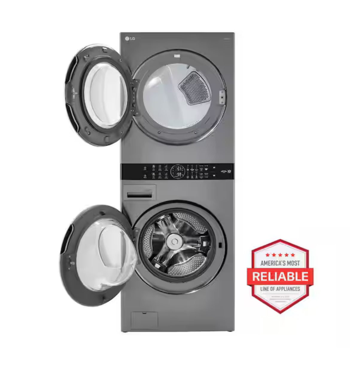 WashTower Stacked SMART Laundry Center 4.5 Cu.Ft. Front Load Washer & 7.4 Cu.Ft. Gas Dryer in Graphite Steel