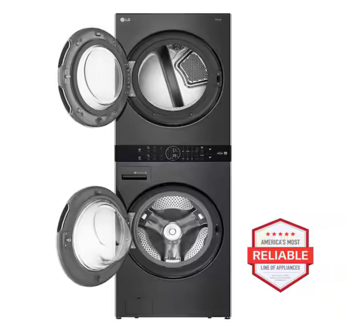 WashTower Stacked SMART Laundry Center 4.5 Cu.Ft. Front Load Washer & 7.4 Cu.Ft. Gas Dryer in Black Steel w/ Steam