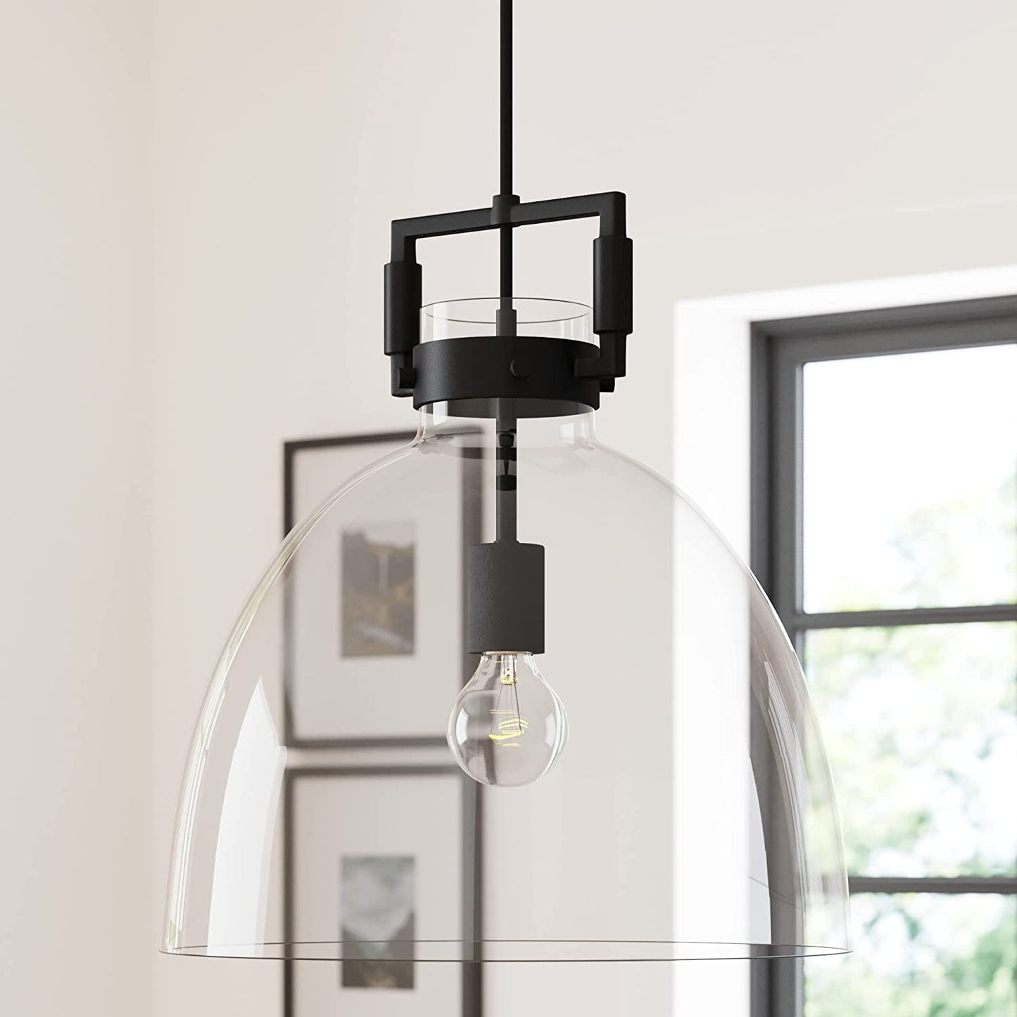 Nathan James Leigh Pendant Lighting, Black Hanging Ceiling Light with Oversized Glass Shade and Adjustable Cord, for Kitchen Island or Entryway, Matte Black/Clear