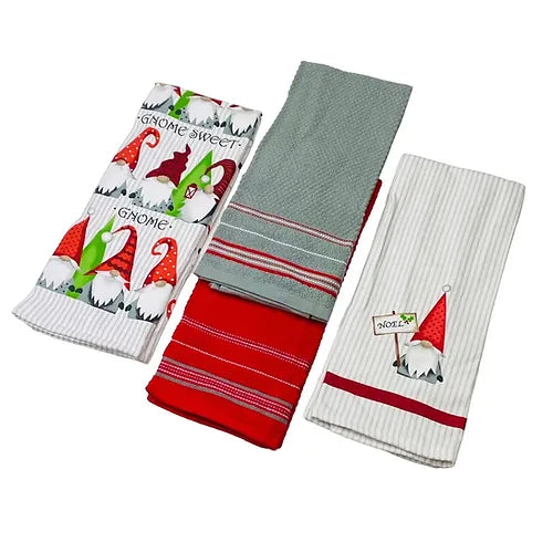 Gnome Sweet Gnome Red Gray Christmas Holiday Kitchen Towels Set of 8