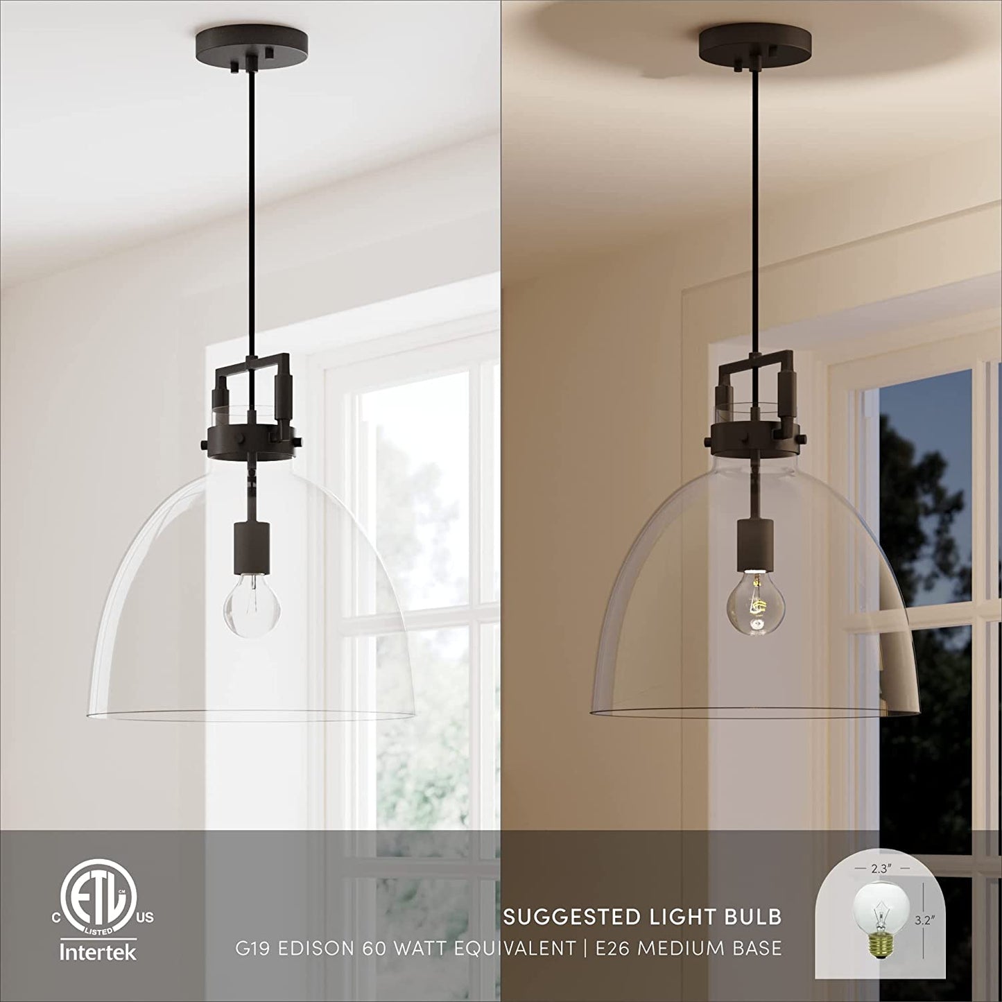 Nathan James Leigh Pendant Lighting, Black Hanging Ceiling Light with Oversized Glass Shade and Adjustable Cord, for Kitchen Island or Entryway, Matte Black/Clear