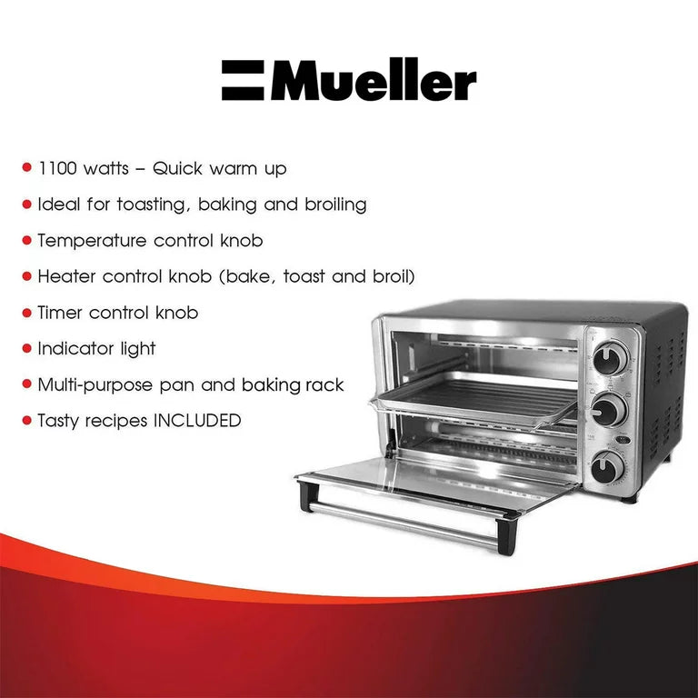 Toaster Oven 4 Slice, Multi-Function Stainless Steel Finish by Mueller, Includes Baking Pan and Rack