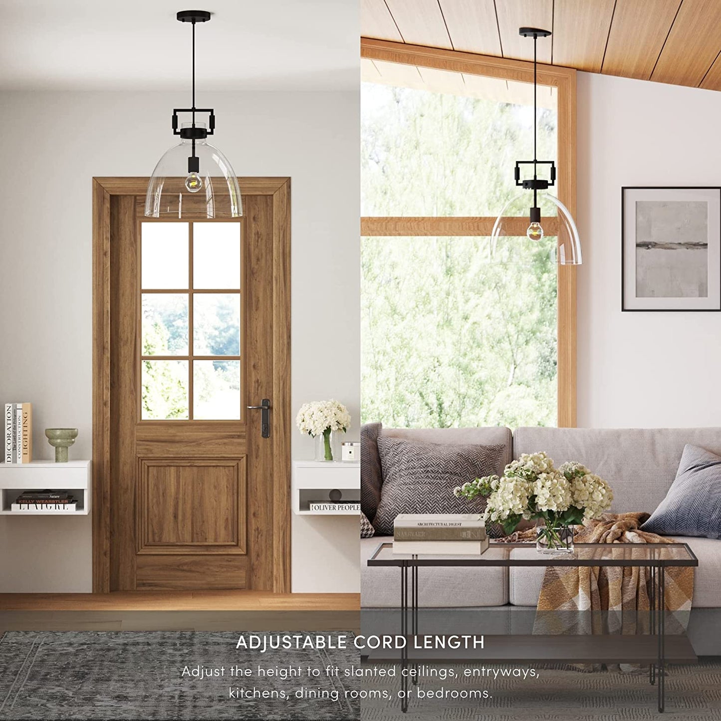 Nathan James Leigh Pendant Lighting, Black Hanging Ceiling Light with Oversized Glass Shade and Adjustable Cord, for Kitchen Island or Entryway, Matte Black/Clear