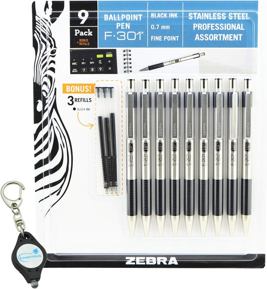 Zebra F-301 Ballpoint Retractable Pen, Black Ink, Fine Point Tip, 9 Pens per Pack Refillable Pens with Refill 0.7 mm Stainless Steel by Zebra