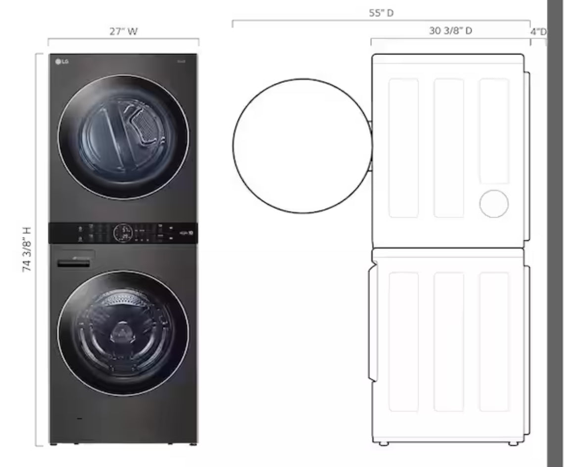 WashTower Stacked SMART Laundry Center 4.5 Cu.Ft. Front Load Washer & 7.4 Cu.Ft. Gas Dryer in Black Steel w/ Steam