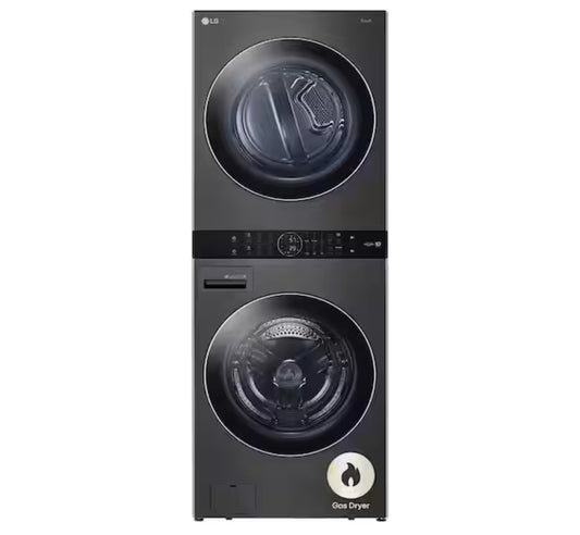 WashTower Stacked SMART Laundry Center 4.5 Cu.Ft. Front Load Washer & 7.4 Cu.Ft. Gas Dryer in Black Steel w/ Steam