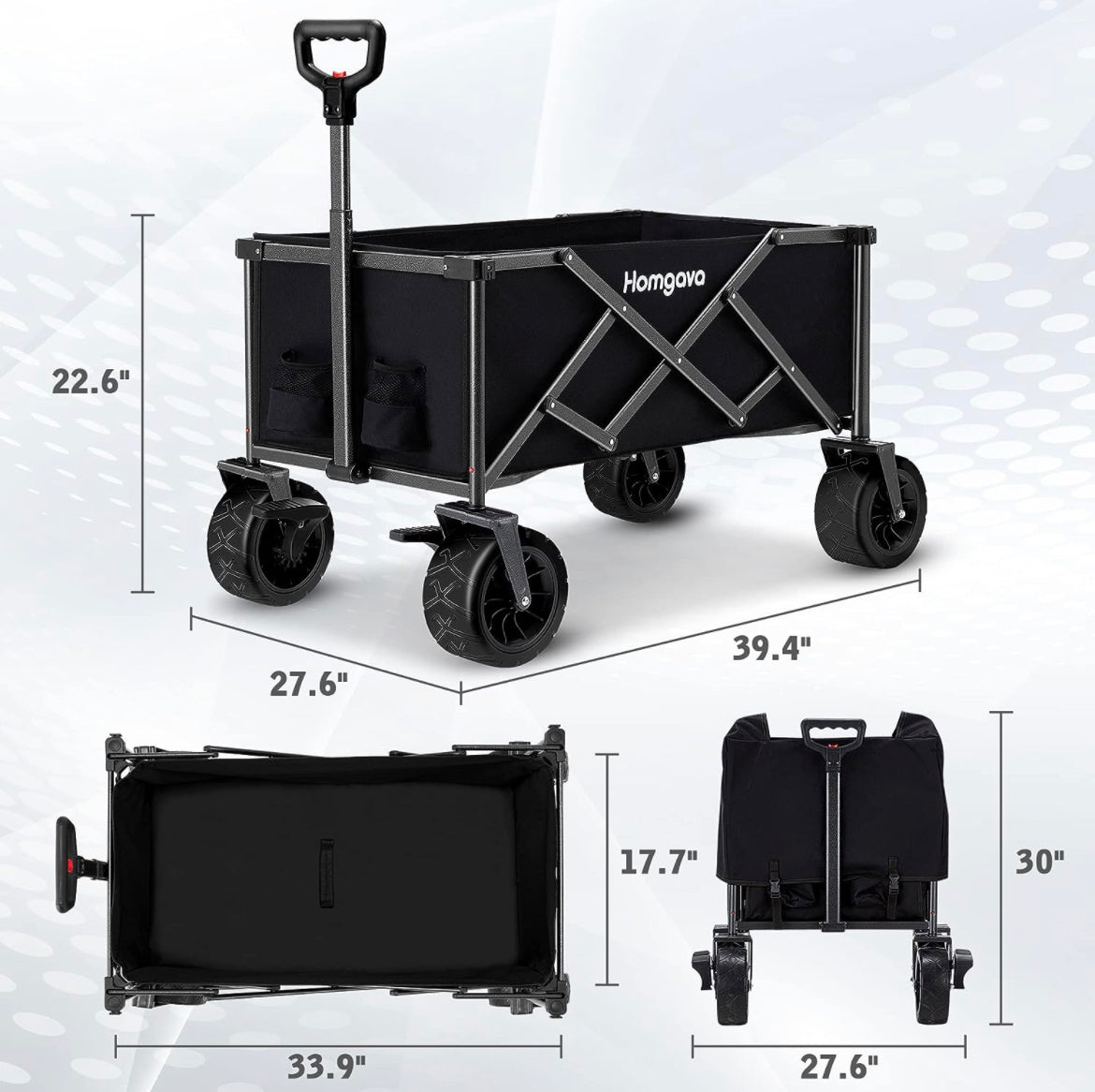 Homgava Foldable Wagon Cart with Big Wheels,Heavy Duty Beach Wagon with Brakes for Sand