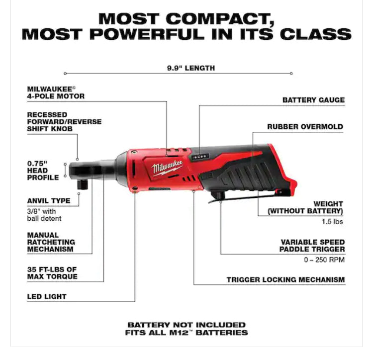 M12 12V Lithium-Ion Cordless 3/8 in. Ratchet (Tool-Only) [NEW]