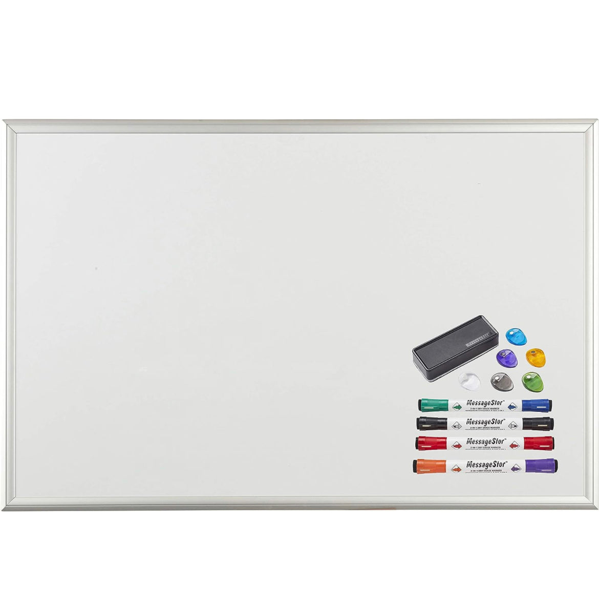 MessageStor 2 feet x 3 feet Dry Erase Board, 24 in x 36 in White Board, with Markers, Magnets, and Magnetic Eraser Accessories, for Offices, Presentations, Classrooms, Home School