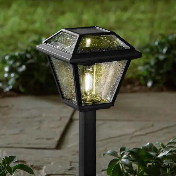 Warrenton Solar Black LED Path Light 13 Lumens, Glass Top with Bulb, Seedy Glass with Vintage Bulb (4-Pack)