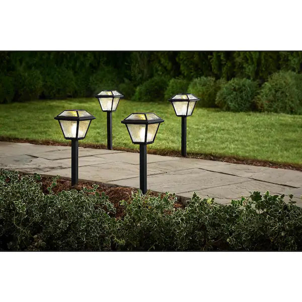 Warrenton Solar Black LED Path Light 13 Lumens, Glass Top with Bulb, Seedy Glass with Vintage Bulb (4-Pack)