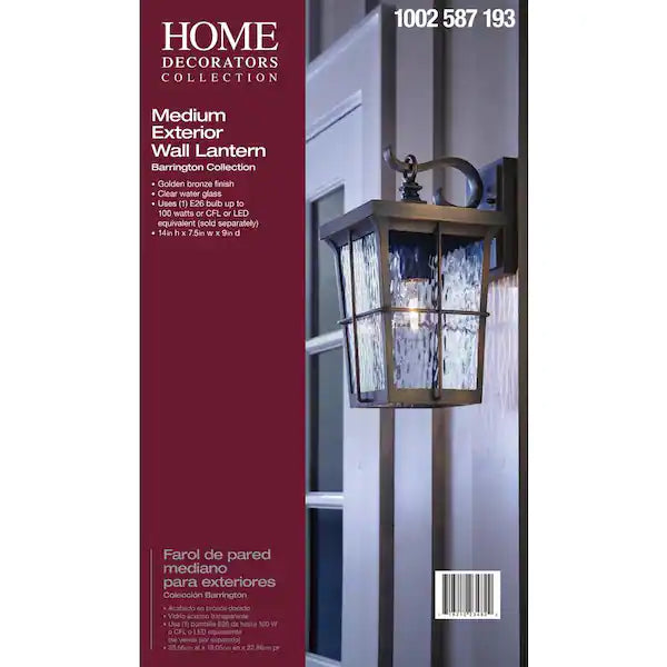 Barrington 1-Light Golden Bronze Outdoor 14 in. Wall Lantern Sconce with Clear Water Glass