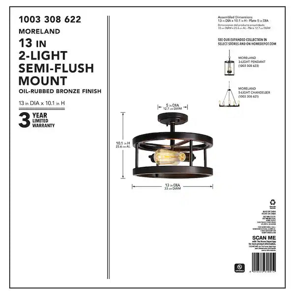 Moreland 13 in. 2-Light Oil-Rubbed Bronze Semi-Flush Mount