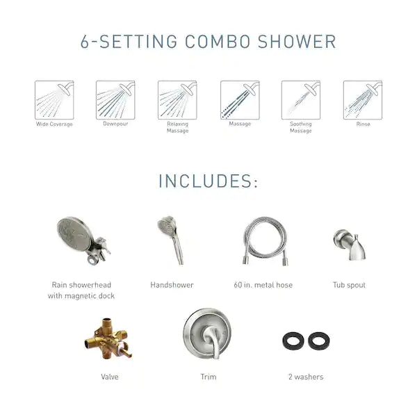 Brecklyn Single-Handle 6-Spray Tub Shower Faucet w/ Magnetix Rainshower in Spot Resist Brushed Nickel(Valve Included)