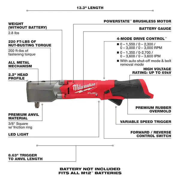 M12 FUEL 12V Lithium-Ion Brushless Cordless 3/8 in. Right Angle Impact Wrench (Tool-Only)