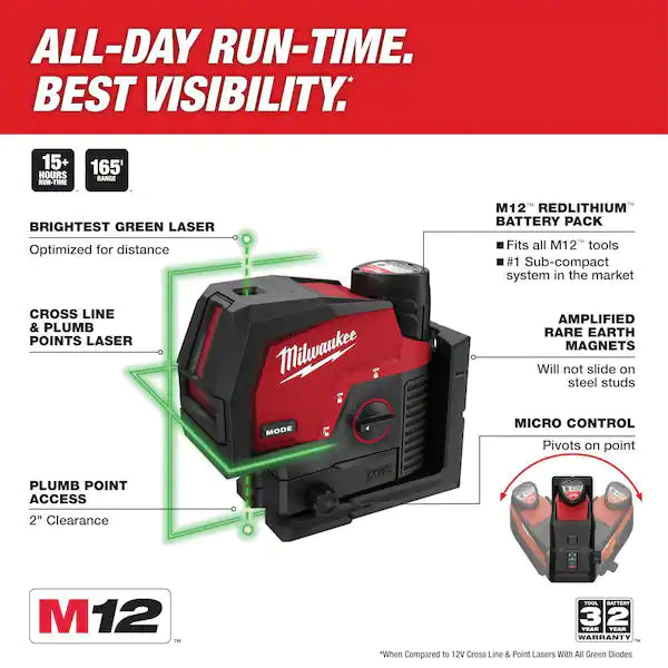 M12 12-Volt Lithium-Ion Cordless Green 125 ft. Cross Line and Plumb Points Laser Level (Tool-Only)