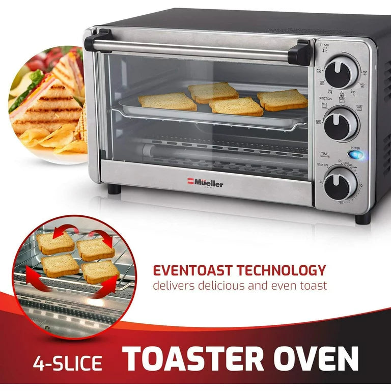 Toaster Oven 4 Slice, Multi-Function Stainless Steel Finish by Mueller, Includes Baking Pan and Rack