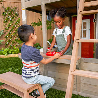 Oakwood Oasis Wooden Two-Story Playhouse with Slide, Bench and Hidden Door