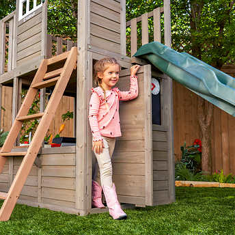 Oakwood Oasis Wooden Two-Story Playhouse with Slide, Bench and Hidden Door