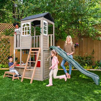 Oakwood Oasis Wooden Two-Story Playhouse with Slide, Bench and Hidden Door