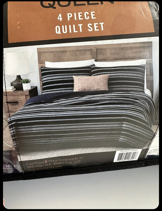 FRYE 4-Piece Luxurious Quilt Set W/Decorative Pillow, Queen Size, Navy