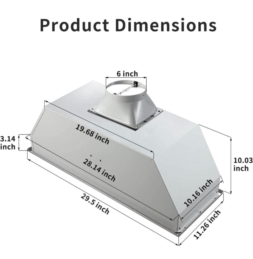 Range Hood Insert 30 Inch, 600 CFM Large Air-flow Capacity Stainless Steel Built-in Vent Hood with Matel Covered Motor, Ducted/Ductless Convertible, Permanent Filters, Push Button Control