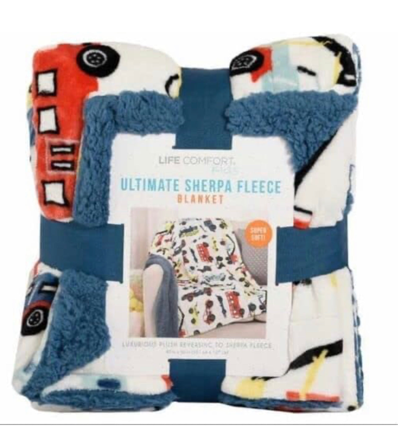 Life Comfort Kids Ultimate Sherpa Fleece Blanket Cars Blue