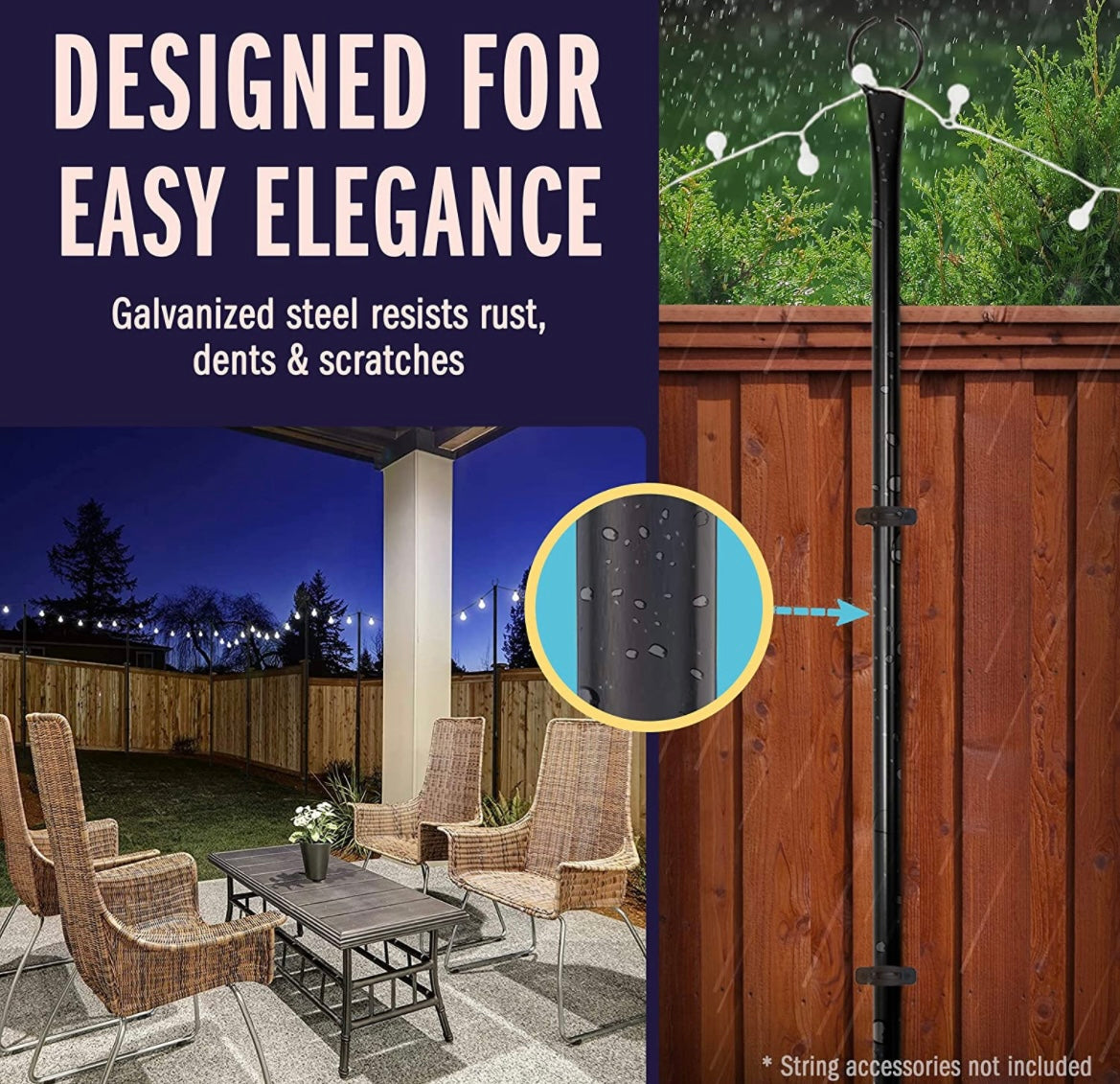 Holiday Styling String Light Poles for Outdoor String Lights - Metal Light Pole w/Hooks for Outdoor String Lighting - Patio Light Accessories Ideal for Backyard, Weddings, and Parties