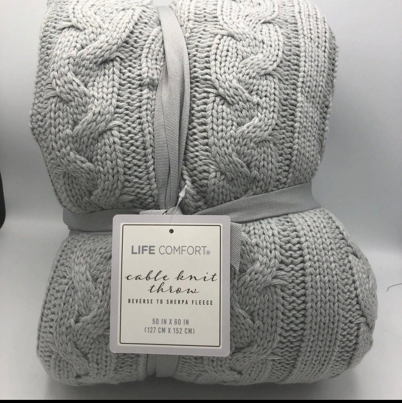 Life Comfort Cable Knit Throw Grey Reversible Sherpa Fleece Gray 50x60