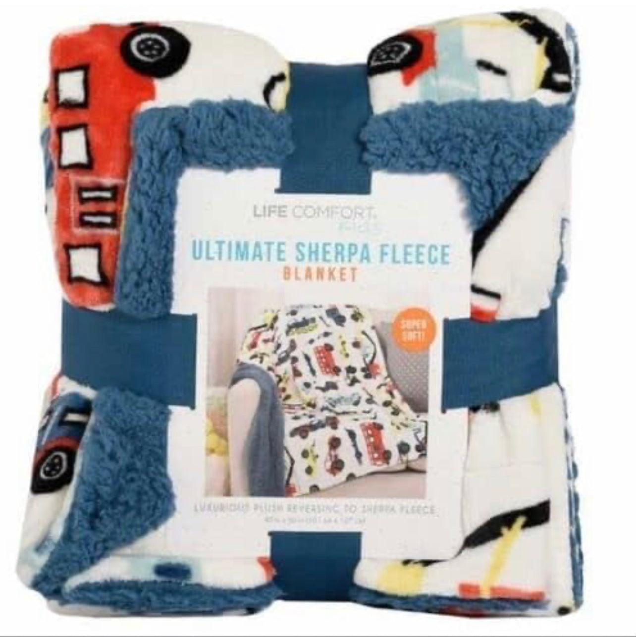 LIFE COMFORT KIDS Ultimate Sherpa Fleece Blanket Cars Blue