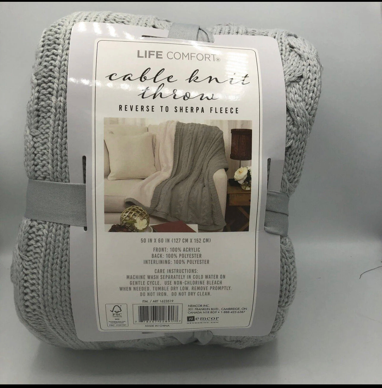 Life Comfort Cable Knit Throw Grey Reversible Sherpa Fleece Gray 50x60