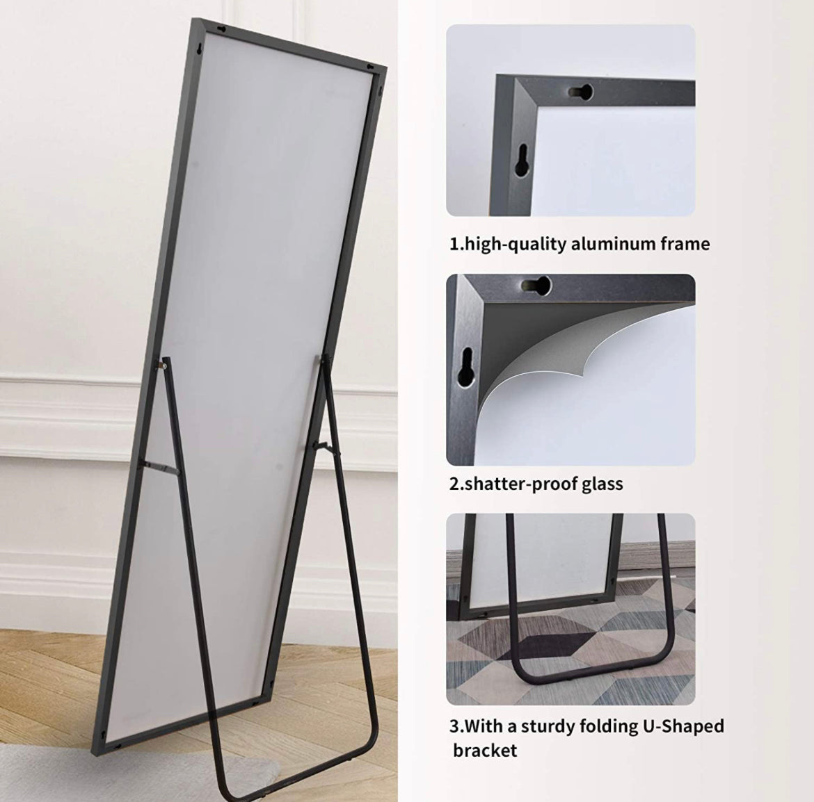 GLSLAND 65"x22" Full Length Mirror Standing Hanging or Leaning Against Wall Large Rectangle Bedroom Floor Dressing Aluminum Alloy Thin Frame (Black)