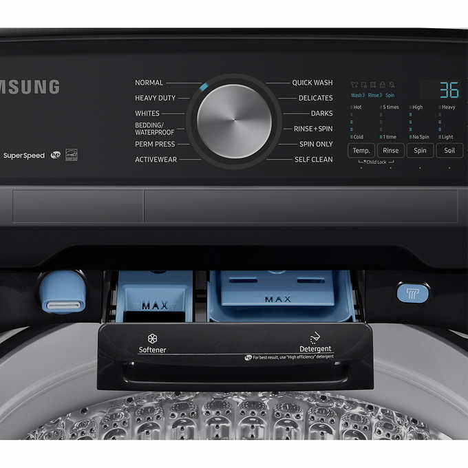 Samsung 5.0CuFt Top Load Washer with Super Speed and 7.4CuFt ELECTRIC Dryer with Steam Sanitize+