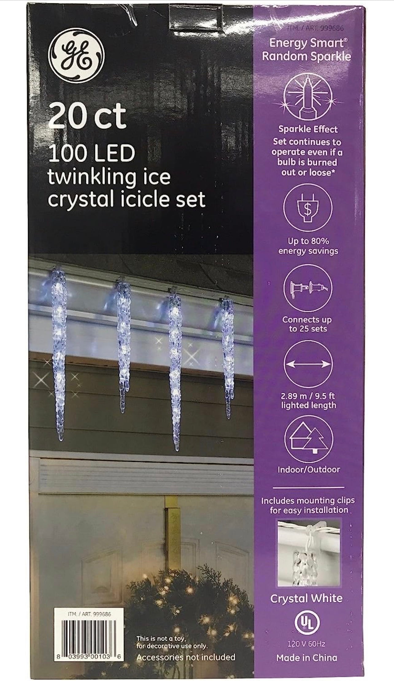 GE 20ct 100 LED Twinkling Ice Crystal Icicle Set Crystal White