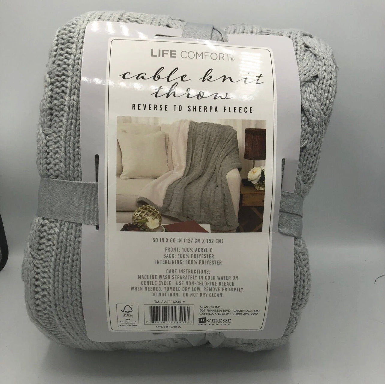 Life Comfort Cable Knit Throw Grey Reversible Sherpa Fleece Gray 50x60