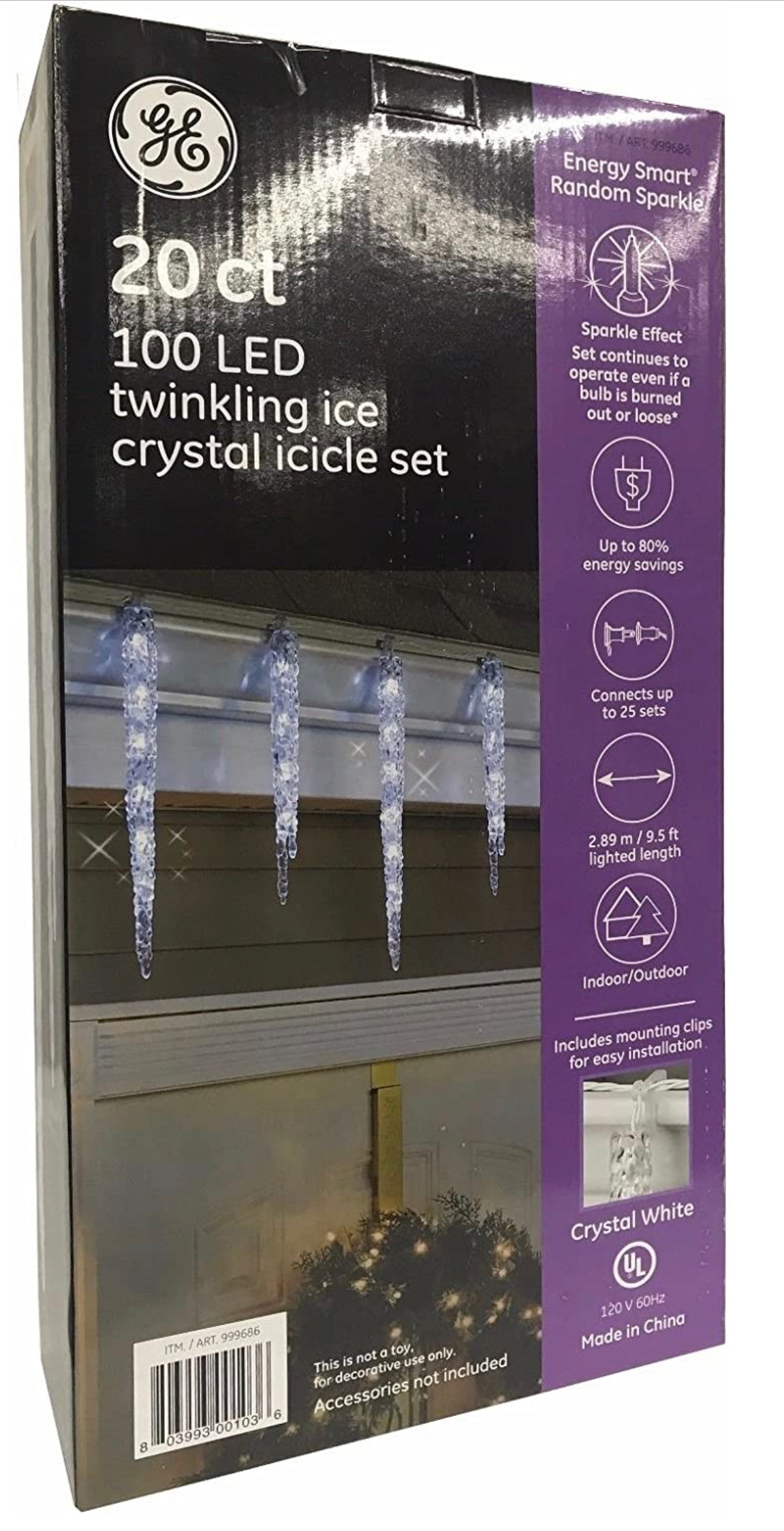 GE 20ct 100 LED Twinkling Ice Crystal Icicle Set Crystal White