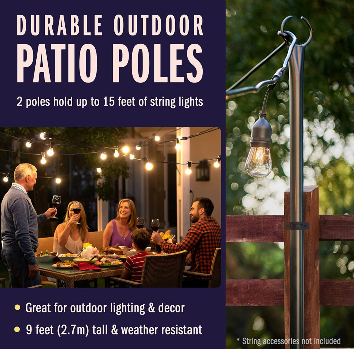 Holiday Styling String Light Poles for Outdoor String Lights - Metal Light Pole w/Hooks for Outdoor String Lighting - Patio Light Accessories Ideal for Backyard, Weddings, and Parties