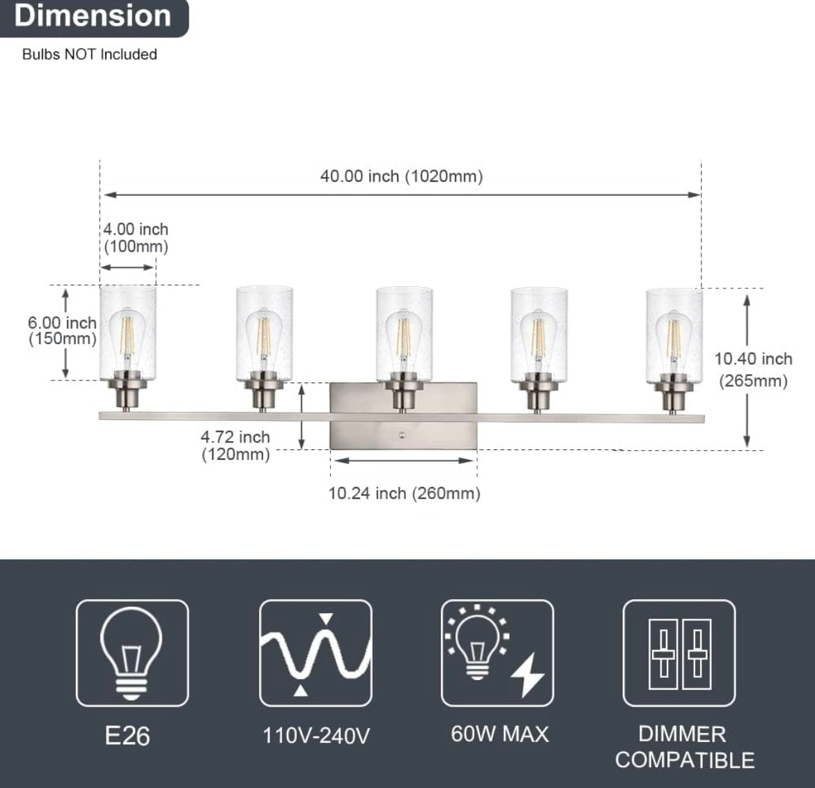 WINSHEN 40-Inches Length Bathroom Vanity Lighting Fixtures Over Mirror in Brushed Nickel